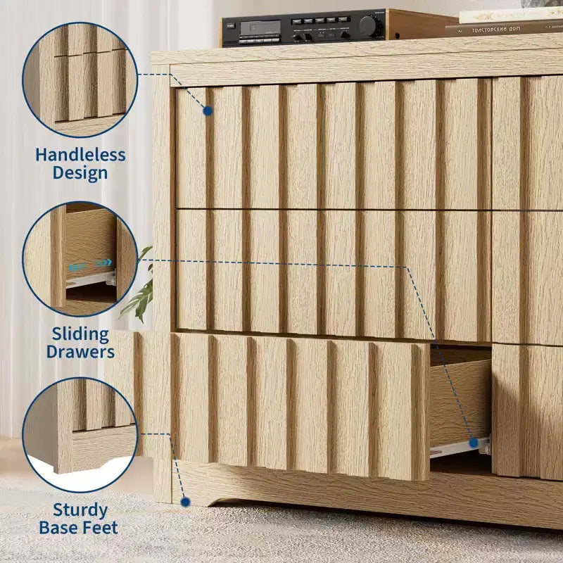 Contenitore per camera da letto, Comò in legno ampio con cassetti, Organizer moderno a coste per vestiti, Quercia naturale