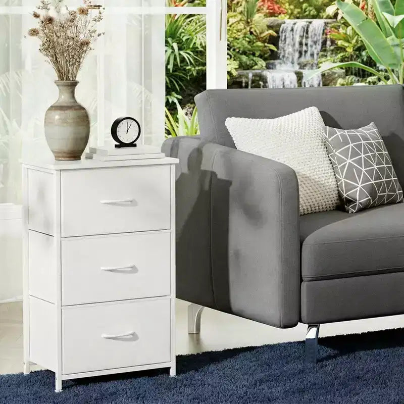 Comò salvaspazio, cassettiera compatta in tessuto a 3 cassetti con parte superiore effetto legno, organizer per camera da letto, armadio, ingresso, bianco