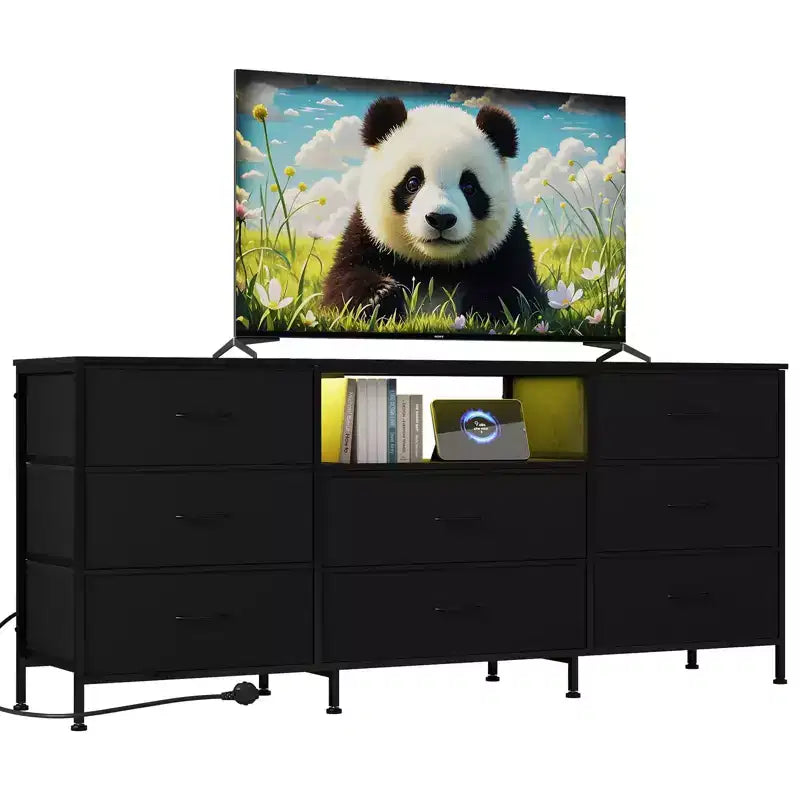 Mobile TV cassettiera a 8 cassetti con illuminazione a LED da 63 pollici, struttura in acciaio per TV da 65-75 pollici, organizer per camera da letto e soggiorno