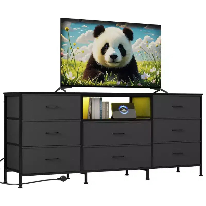 Mobile TV cassettiera a 8 cassetti con illuminazione a LED da 63 pollici, struttura in acciaio per TV da 65-75 pollici, organizer per camera da letto e soggiorno