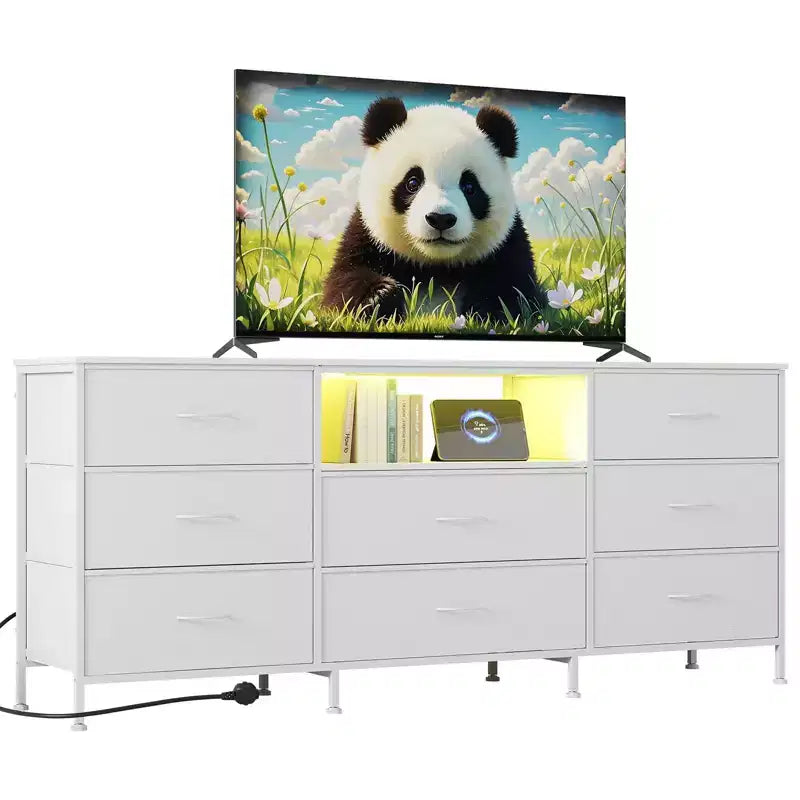 Mobile TV cassettiera a 8 cassetti con illuminazione a LED da 63 pollici, struttura in acciaio per TV da 65-75 pollici, organizer per camera da letto e soggiorno
