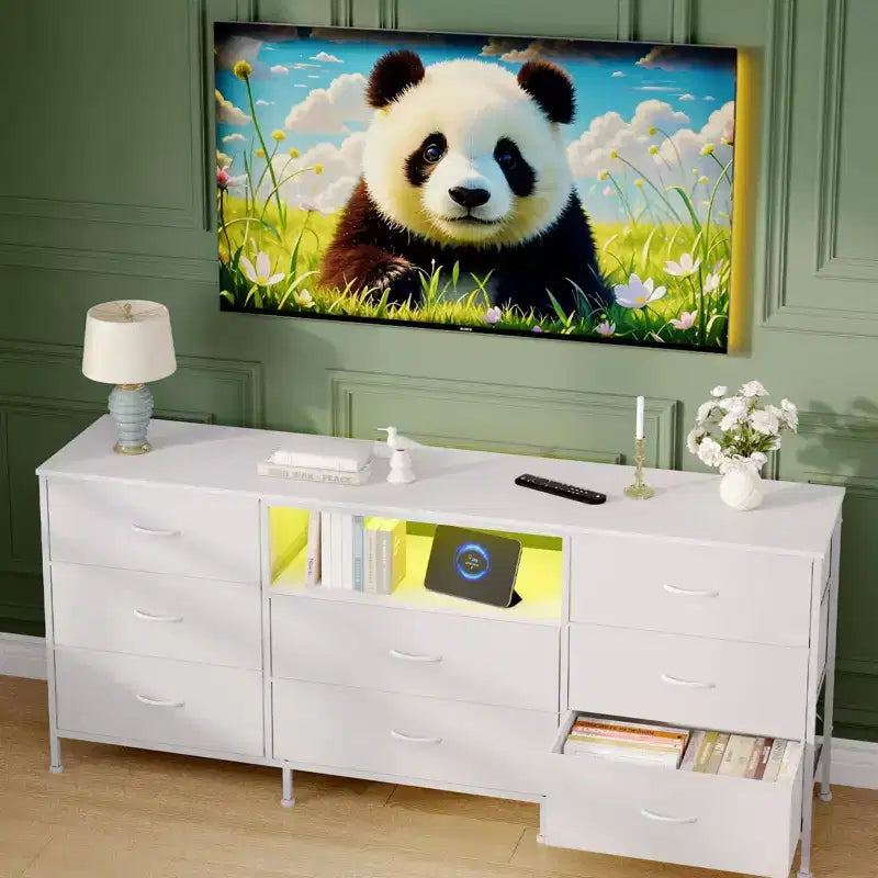 Mobile TV cassettiera a 8 cassetti con illuminazione a LED da 63 pollici, struttura in acciaio per TV da 65-75 pollici, organizer per camera da letto e soggiorno
