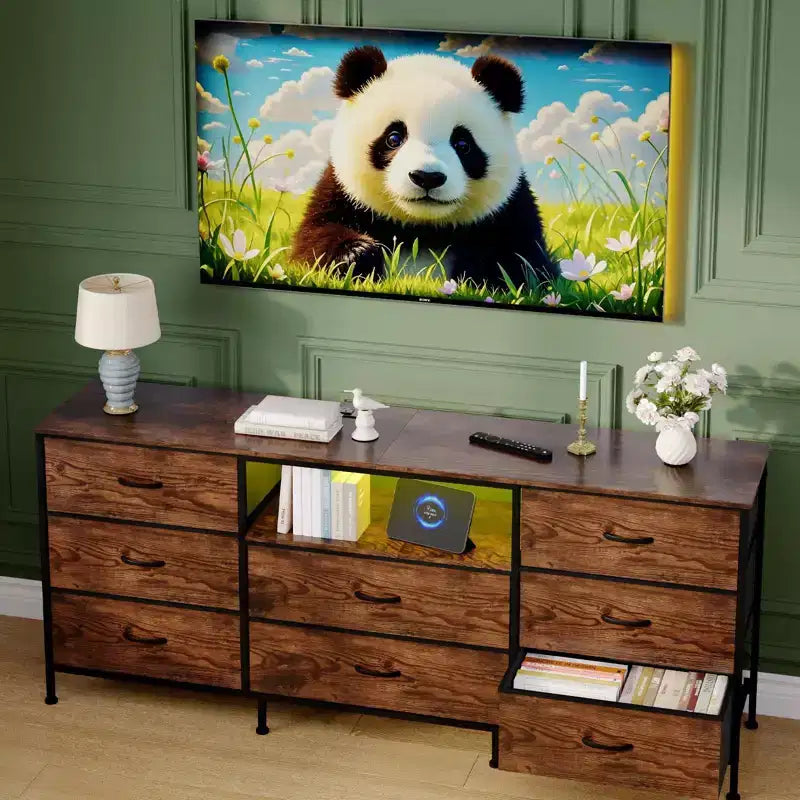 Mobile TV cassettiera a 8 cassetti con illuminazione a LED da 63 pollici, struttura in acciaio per TV da 65-75 pollici, organizer per camera da letto e soggiorno