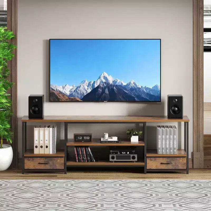 JIONJOY Rustic Brown TV Stand with Power Outlets - 2 Fabric Drawers, Adjustable Shelves, 110 lbs Capacity, Entertainment Center for TVs