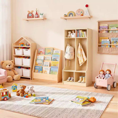 Armadietto appendiabiti per bambini a 2 sezioni, organizer in legno per asilo nido con 4 ganci e kit antiribaltamento e 4 piccole scatole aperte, colore legno