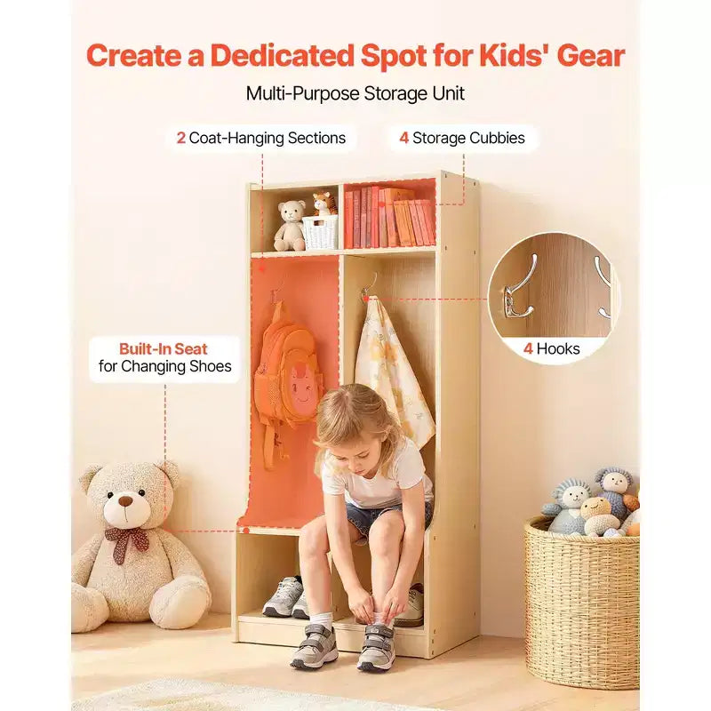 Armadietto appendiabiti per bambini a 2 sezioni, organizer in legno per asilo nido con 4 ganci e kit antiribaltamento e 4 piccole scatole aperte, colore legno