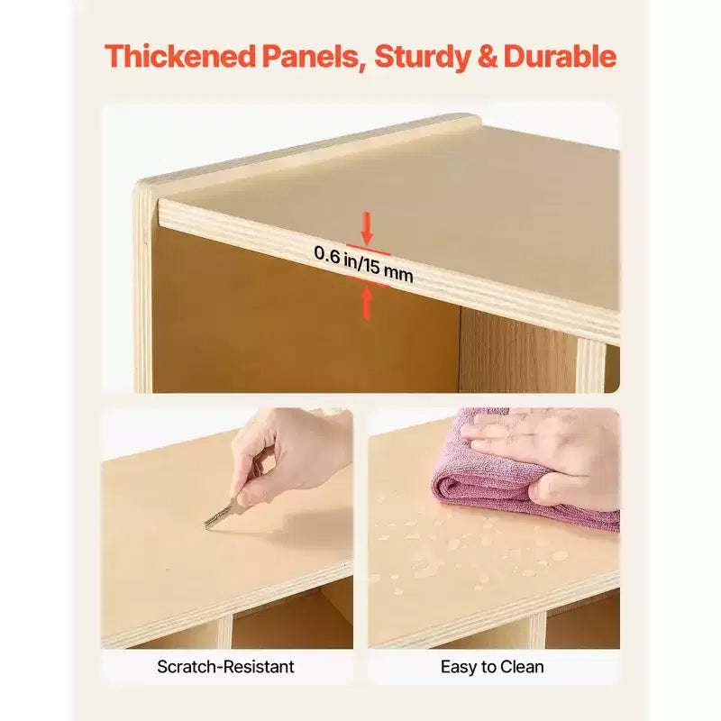 Armadietto appendiabiti per bambini a 2 sezioni, organizer in legno per asilo nido con 4 ganci e kit antiribaltamento e 4 piccole scatole aperte, colore legno