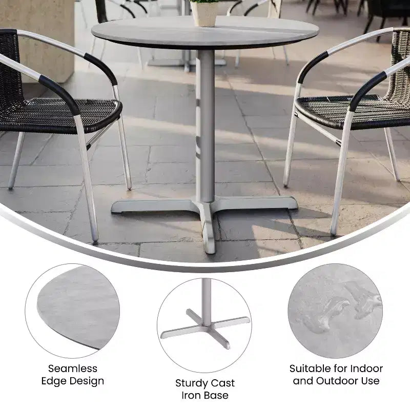 Piano tavolo Acadia per interni ed esterni con tecnologia TopGuard HPL e base per tavolo bistrò in ghisa