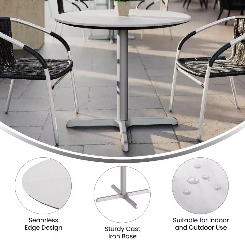 Piano tavolo Acadia per interni ed esterni con tecnologia TopGuard HPL e base per tavolo bistrò in ghisa