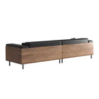 Divano moderno in pelle largo 270 cm con struttura in legno massello, gambe in metallo e 3 cuscini decorativi, nero