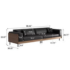 Divano moderno in pelle largo 270 cm con struttura in legno massello, gambe in metallo e 3 cuscini decorativi, nero