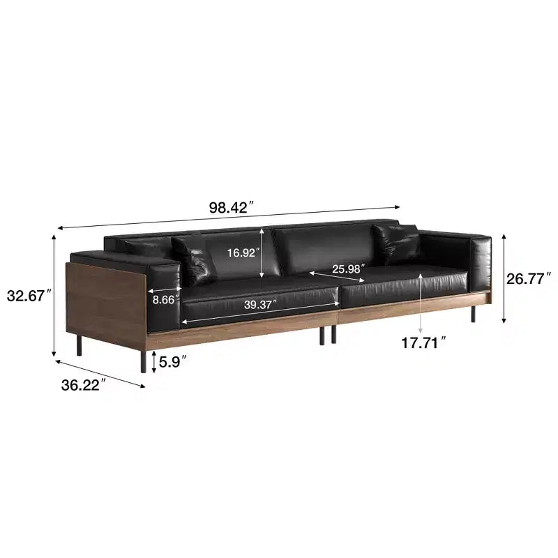 Divano moderno in pelle largo 270 cm con struttura in legno massello, gambe in metallo e 3 cuscini decorativi, nero