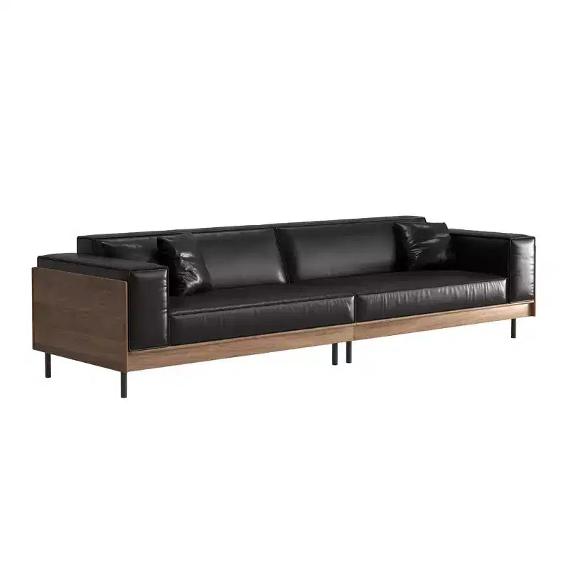 Divano moderno in pelle largo 270 cm con struttura in legno massello, gambe in metallo e 3 cuscini decorativi, nero