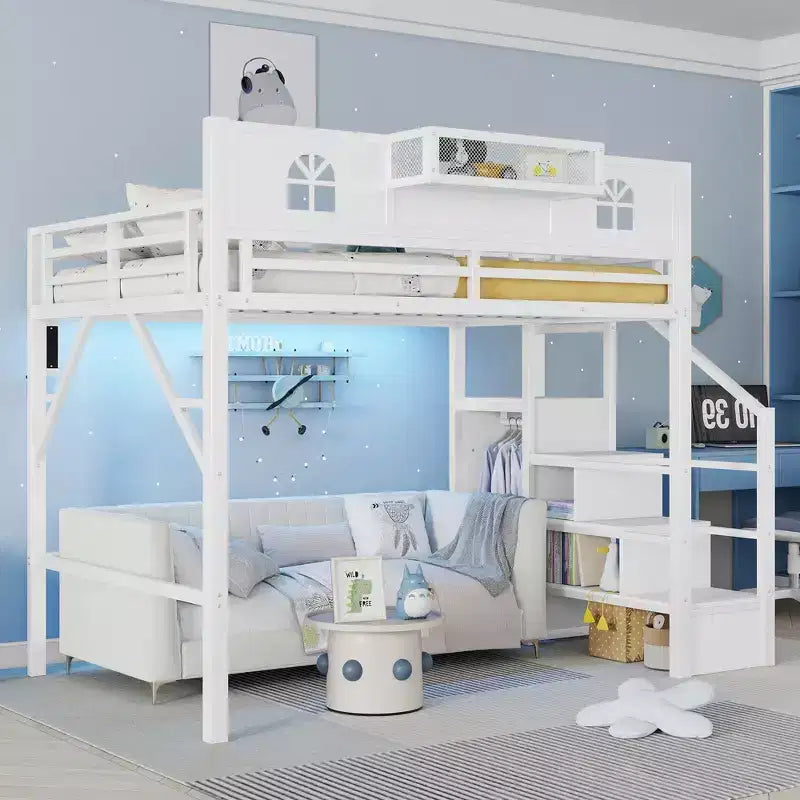 Letto a soppalco full/queen con scale e armadio integrato, struttura letto in metallo con luci a LED, stazione di ricarica USB e mensole portaoggetti