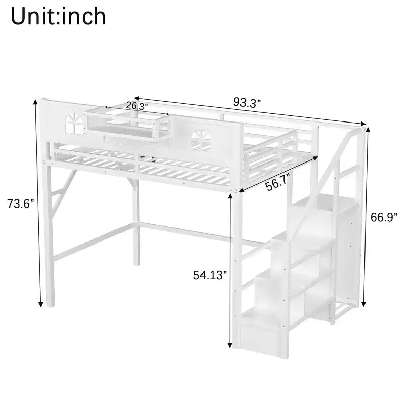 Letto a soppalco full/queen con scale e armadio integrato, struttura letto in metallo con luci a LED, stazione di ricarica USB e mensole portaoggetti