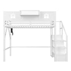 Letto a soppalco full/queen con scale e armadio integrato, struttura letto in metallo con luci a LED, stazione di ricarica USB e mensole portaoggetti