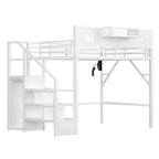 Letto a soppalco full/queen con scale e armadio integrato, struttura letto in metallo con luci a LED, stazione di ricarica USB e mensole portaoggetti