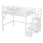 Letto a soppalco full/queen con scale e armadio integrato, struttura letto in metallo con luci a LED, stazione di ricarica USB e mensole portaoggetti