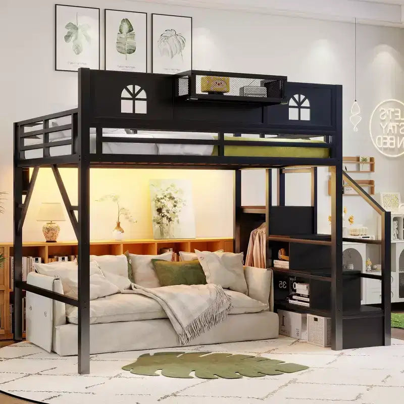Letto a soppalco full/queen con scale e armadio integrato, struttura letto in metallo con luci a LED, stazione di ricarica USB e mensole portaoggetti