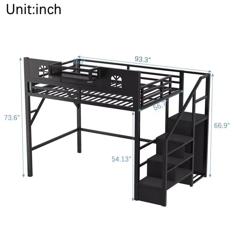 Letto a soppalco full/queen con scale e armadio integrato, struttura letto in metallo con luci a LED, stazione di ricarica USB e mensole portaoggetti