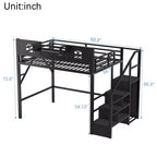 Letto a soppalco full/queen con scale e armadio integrato, struttura letto in metallo con luci a LED, stazione di ricarica USB e mensole portaoggetti