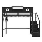Letto a soppalco full/queen con scale e armadio integrato, struttura letto in metallo con luci a LED, stazione di ricarica USB e mensole portaoggetti