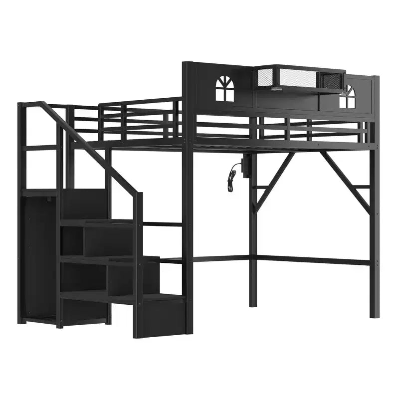Letto a soppalco full/queen con scale e armadio integrato, struttura letto in metallo con luci a LED, stazione di ricarica USB e mensole portaoggetti