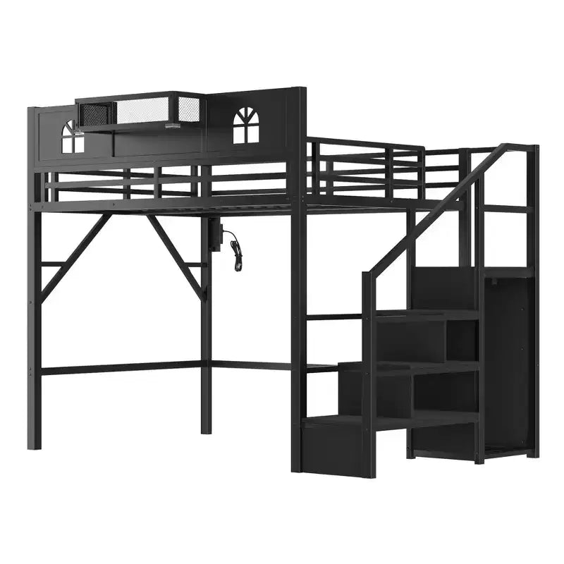 Letto a soppalco full/queen con scale e armadio integrato, struttura letto in metallo con luci a LED, stazione di ricarica USB e mensole portaoggetti