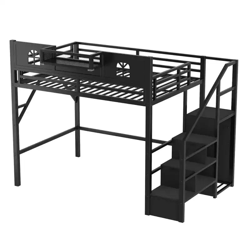 Letto a soppalco full/queen con scale e armadio integrato, struttura letto in metallo con luci a LED, stazione di ricarica USB e mensole portaoggetti
