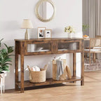 Tavolo consolle rustico a 2 ripiani in legno con doppi cassetti in vetro e ripiano portaoggetti aperto, tavolino stretto da divano per ingresso, corridoio, soggiorno