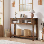Tavolo consolle rustico a 2 ripiani in legno con doppi cassetti in vetro e ripiano portaoggetti aperto, tavolino stretto da divano per ingresso, corridoio, soggiorno