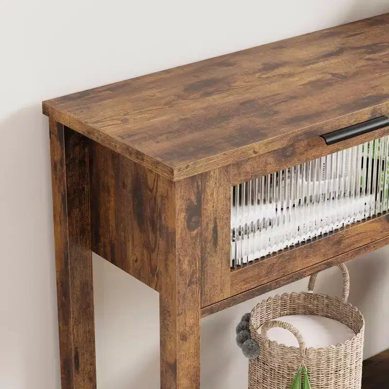 Tavolo consolle rustico a 2 ripiani in legno con doppi cassetti in vetro e ripiano portaoggetti aperto, tavolino stretto da divano per ingresso, corridoio, soggiorno