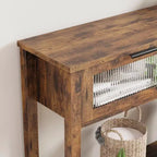 Tavolo consolle rustico a 2 ripiani in legno con doppi cassetti in vetro e ripiano portaoggetti aperto, tavolino stretto da divano per ingresso, corridoio, soggiorno
