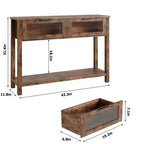 Tavolo consolle rustico a 2 ripiani in legno con doppi cassetti in vetro e ripiano portaoggetti aperto, tavolino stretto da divano per ingresso, corridoio, soggiorno