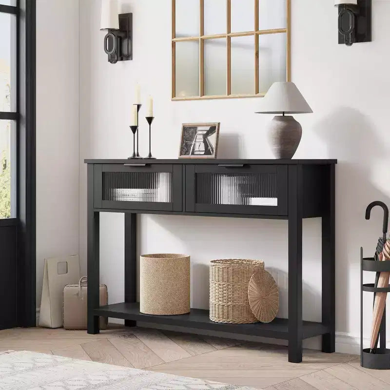 Tavolo consolle rustico a 2 ripiani in legno con doppi cassetti in vetro e ripiano portaoggetti aperto, tavolino stretto da divano per ingresso, corridoio, soggiorno