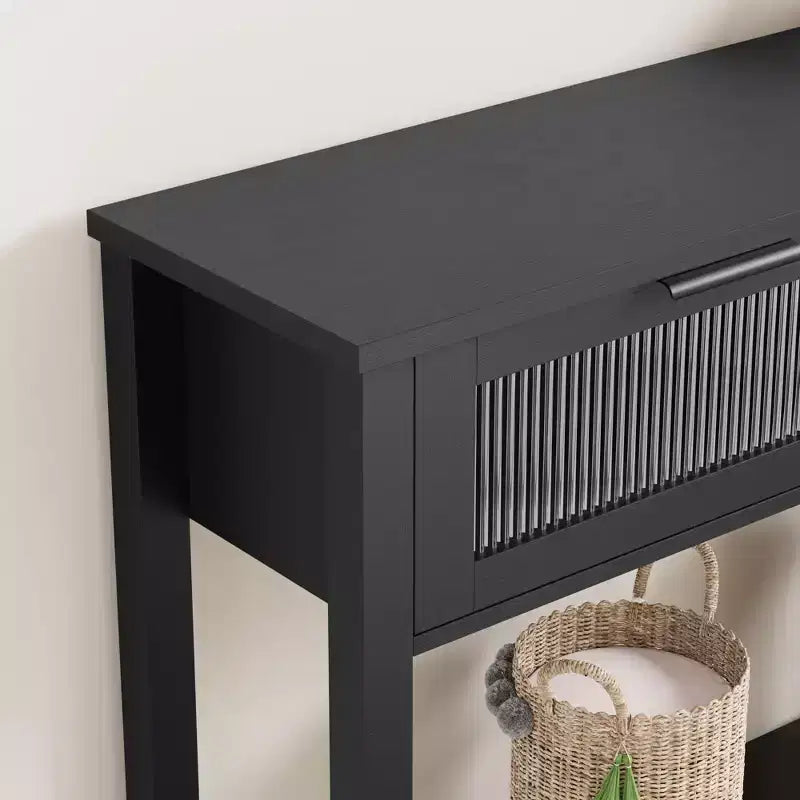 Tavolo consolle rustico a 2 ripiani in legno con doppi cassetti in vetro e ripiano portaoggetti aperto, tavolino stretto da divano per ingresso, corridoio, soggiorno