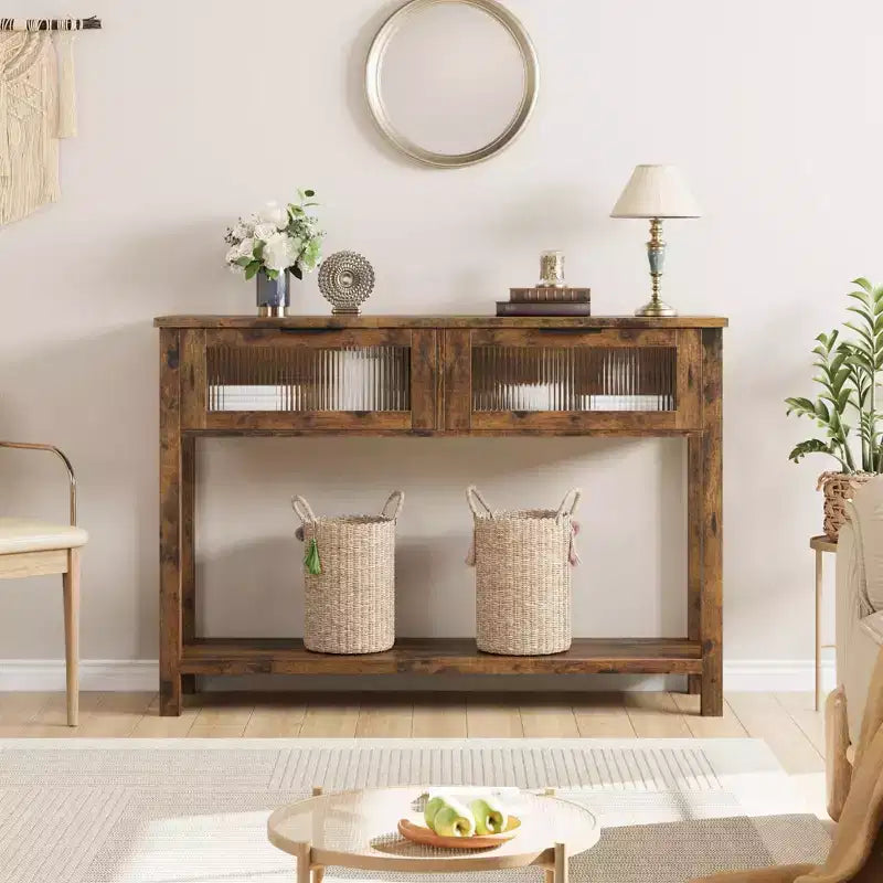 Tavolo consolle rustico a 2 ripiani in legno con doppi cassetti in vetro e ripiano portaoggetti aperto, tavolino stretto da divano per ingresso, corridoio, soggiorno