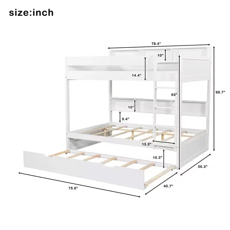 Letto a castello moderno da una piazza e mezzo con mensole e letto estraibile