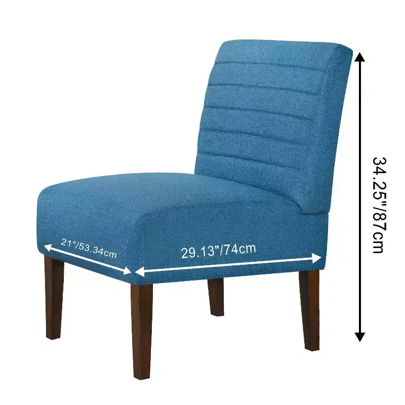 Poltrona moderna senza braccioli con rivestimento trapuntato e gambe in legno, schienale orizzontale per soggiorno, camera da letto, vanità e patio, blu