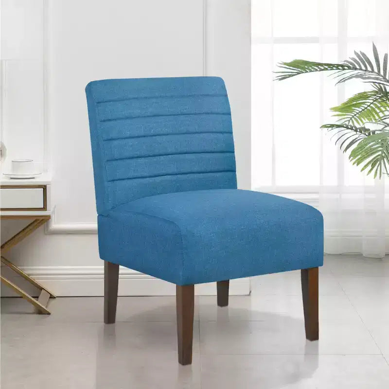Poltrona moderna senza braccioli con rivestimento trapuntato e gambe in legno, schienale orizzontale per soggiorno, camera da letto, vanità e patio, blu