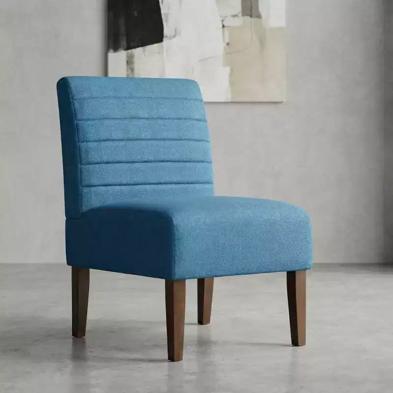 Poltrona moderna senza braccioli con rivestimento trapuntato e gambe in legno, schienale orizzontale per soggiorno, camera da letto, vanità e patio, blu