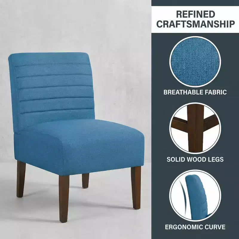 Poltrona moderna senza braccioli con rivestimento trapuntato e gambe in legno, schienale orizzontale per soggiorno, camera da letto, vanità e patio, blu