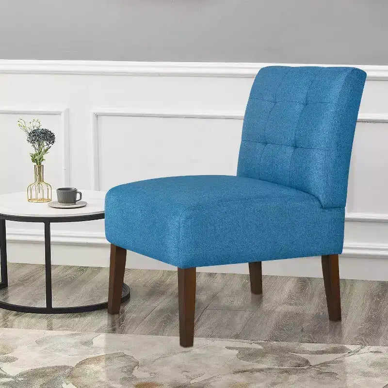 Poltrona moderna senza braccioli con rivestimento trapuntato e gambe in legno, schienale orizzontale per soggiorno, camera da letto, vanità e patio, blu
