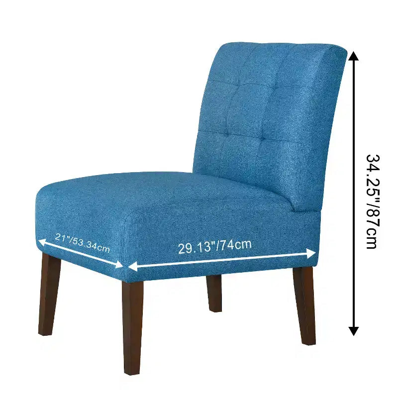 Poltrona moderna senza braccioli con rivestimento trapuntato e gambe in legno, schienale orizzontale per soggiorno, camera da letto, vanità e patio, blu