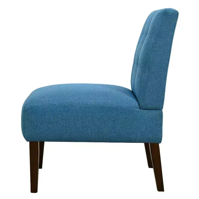 Poltrona moderna senza braccioli con rivestimento trapuntato e gambe in legno, schienale orizzontale per soggiorno, camera da letto, vanità e patio, blu