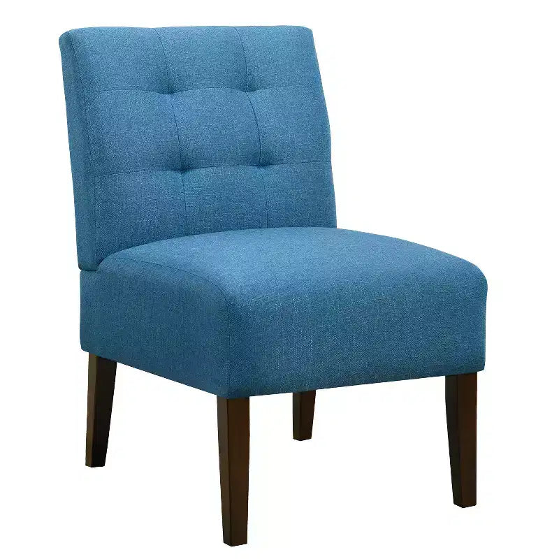 Poltrona moderna senza braccioli con rivestimento trapuntato e gambe in legno, schienale orizzontale per soggiorno, camera da letto, vanità e patio, blu