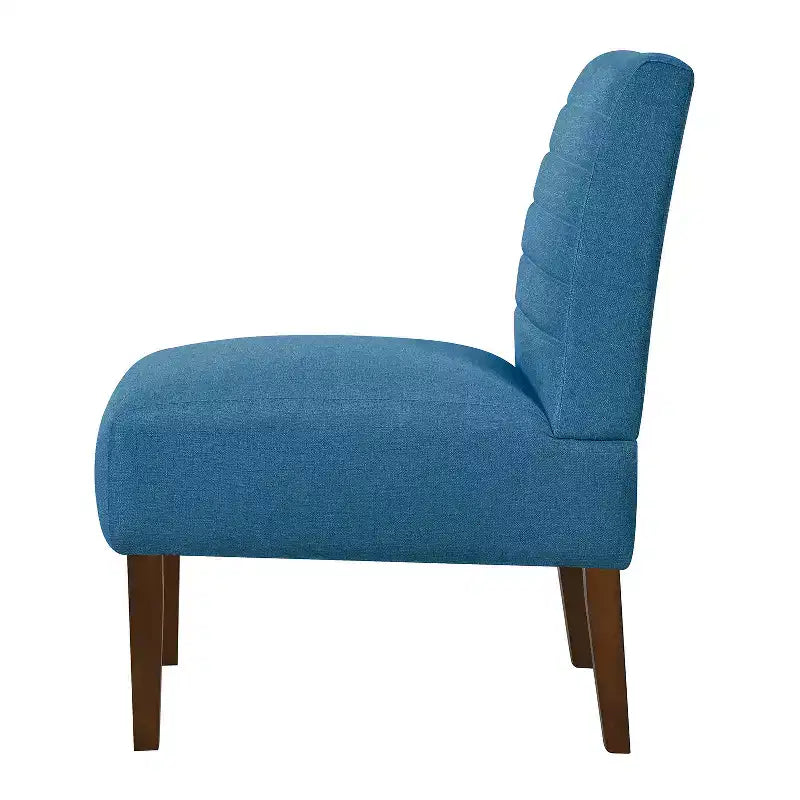 Poltrona moderna senza braccioli con rivestimento trapuntato e gambe in legno, schienale orizzontale per soggiorno, camera da letto, vanità e patio, blu