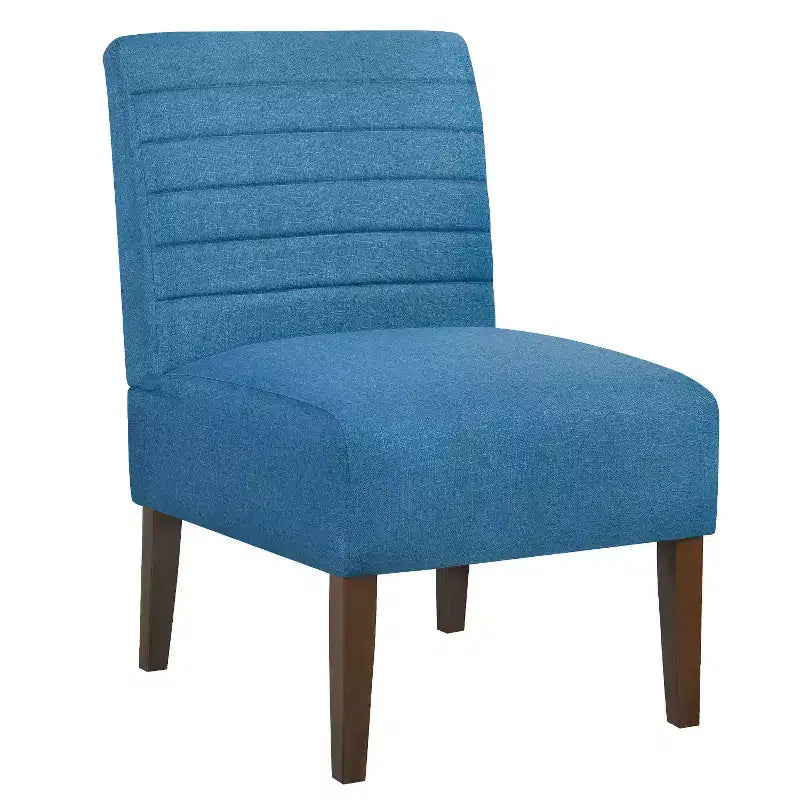 Poltrona moderna senza braccioli con rivestimento trapuntato e gambe in legno, schienale orizzontale per soggiorno, camera da letto, vanità e patio, blu