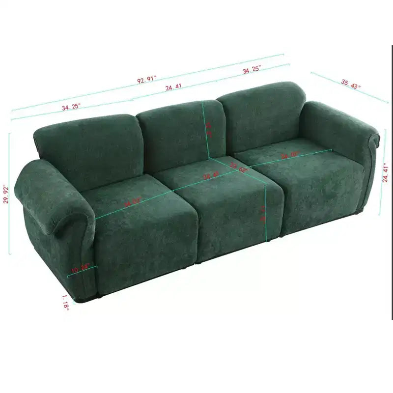 Divano sezionale Khalid Modern 93 a 3 posti in legno e ferro, rivestito in ciniglia, con schienale diviso