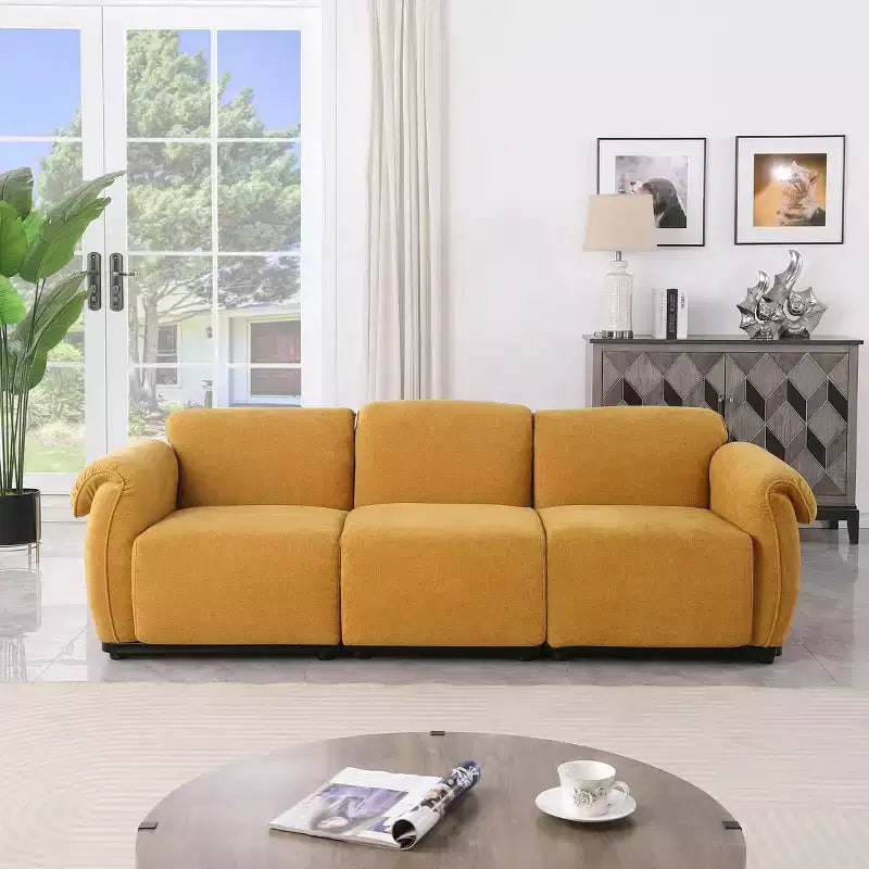 Divano sezionale Khalid Modern 93 a 3 posti in legno e ferro, rivestito in ciniglia, con schienale diviso